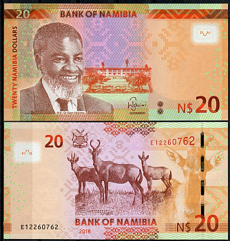Намибия 20 долларов 2018 Сэм Нуйома, красный хартебист Pick 17  бумага  UNC (пресс) 449-72-3