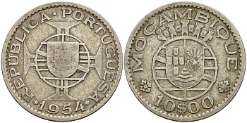 Португальский Мозамбик 10 эскудо 1954 KM 79 серебро 4595-253
