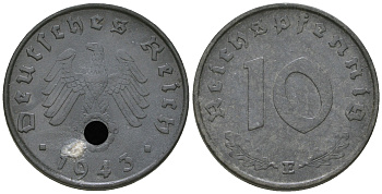 Германия 10 рейхспфеннигов 1943 E J. 371, KM 101 цинк 36-454