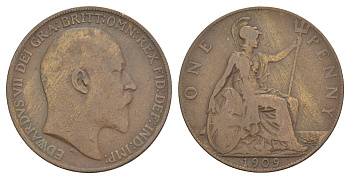 Великобритания 1 пенни 1909 Эдуард VII (1901-1910) KM 794.2, Spink 3990 бронза 4634-444