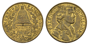 Пруссия жетон 100-летие со дня рождения Фридриха Шиллера 1859 диаметр 22 мм, вес 3,6 гр латунь UNC 4396-921