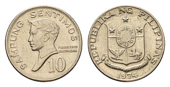 Филиппины 10 сентимо 1974 KM 198 медно-никель UNC 4640-423