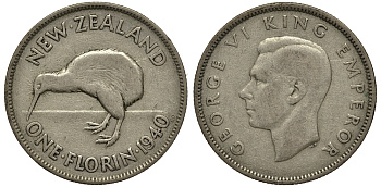 Новая Зеландия 1 флорин 1940 Георг VI (1936-1952), птичка киви KM 10.1 серебро 272-1513