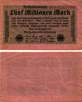 ГЕРМАНИЯ 5000000 МАРОК 1923 20 АВГУСТА 1923, РОЗОВАЯ БУМАГА Pick 105 бумага 7487-18-2-2