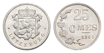 Люксембург 25 сантимов 1965 Герцог Жан (1964-1999) KM 45a.1 алюминий UNC 4115-467