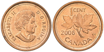 Канада 1 цент 2006 Елизавета II (1952-2022), кленовый лист KM 490 цинк плакированная едью UNC 4617-922