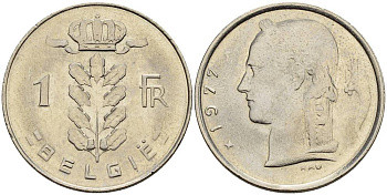 БЕЛЬГИЯ 1 ФРАНК 1977 BELGIE KM 143.1 медно-никель 4546-426