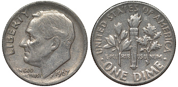 США 10 центов (дайм) 1967 Рузвельт KM 195а медь плакированная медно-никелем 4124-439