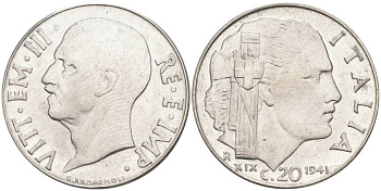 ИТАЛИЯ 20 ЧЕНТЕЗИМО 1941 R, ГОД XIX, ВИКТОР ЭММАНУИЛ III (1900-1946) KM 75b, VEM3. 1028 нержавеющая сталь 3853-646