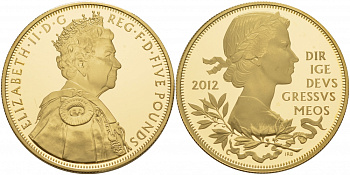 Великобритания 5 фунтов 2012 Елизавета II (1952-2022), бриллиантовый юбилей правления Королевы Елизаветы II, в оригинальной коробке с сертифкатом тираж 12500 экзмепляров KM 1216а, Spink L24 серебро с золотым покрытием PROOF 3-4-2-45
