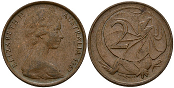 Австралия 2 цента 1967 Елизавета II (1953-), молодой портрерт, плащеносная ящерица KM 63 бронза 4156-335