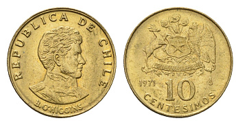 Чили 10 сентесимо 1971 KM 194 алюминиевая бронза aUNC 4643-933