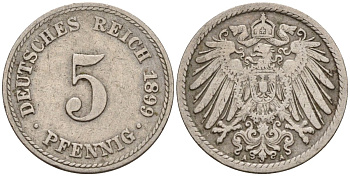 Германия 5 пфеннигов 1899 A KM 11, J. 12 медно-никель 4151-419