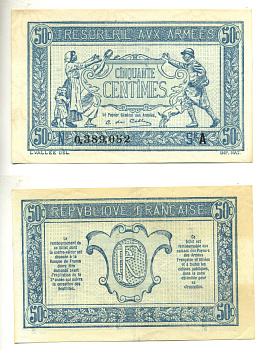 ФРАНЦИЯ 50 САНТИМОВ 1917 СЕРИЯ А, ВЫПУСК ДЛЯ ВОЕННОГО КАЗНАЧЕЙСТВА, ПЕРВАЯ МИРОВАЯ ВОЙНА Pick M1 бумага XF 3295-103-4-1