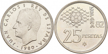 Испания 25 песет 1980 (80) чемпионат мира по футболу в Испании 1982 года, Хуан Карлос I (1975-) KM 818 медно-никель 68-212