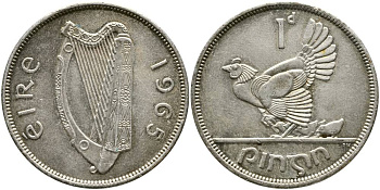 ИРЛАНДИЯ 1 ПЕННИ 1965 КУРИЦА С ЦЫПЛЯТАМИ, СЕРЕБРЕНИЕ KM 11 бронза 4531-723