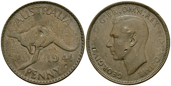 Австралия 1 пенни 1941 KG, Георг VI (1936-1952), кенгуру KM 36 бронза 4120-726