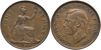 Великобритания 1 пенни 1944 Георг VI (1936-1952) КМ 845, Spink 4114 бронза 115-416
