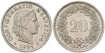 Швейцария 20 раппенов 1991 B KM 29a медно-никель 218-135