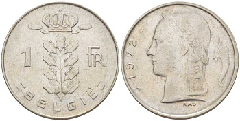 БЕЛЬГИЯ 1 ФРАНК 1972 BELGIE, БОДУЭН I (1951-1993) KM 143.1 медно-никель 213-344