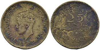 ЦЕЙЛОН 25 ЦЕНТОВ 1943 ГЕОРГ VI KM 115 никель латунь 35-1343