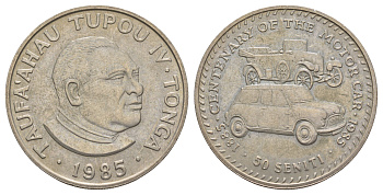 Тонга 50 сенити 1985 100 лет автоиндустрии, Cowley Touring и Morris Car KM 84 медно-никель BU 413-4711