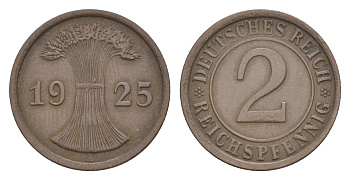 Германия 2 рейхспфеннига 1925 A KM 38, J.314, Weege 4 медь 4639-1227
