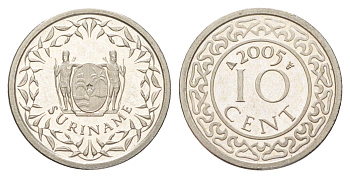 Суринам 10 центов 2005 тираж 1500 экземпляров KM 13a медно-никель BU 4625-335