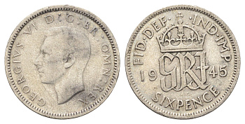 Великобритания 6 пенсов 1945 Георг VI (1936-1952) KM 852, Spink 4084 серебро 4697-638