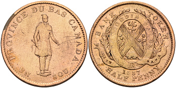 Канада 1/2 пенни 1837 Du Bus Canada, токен KM TN6 медь    4599-546