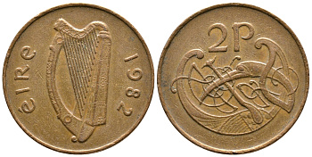 Ирландия 2 пенса 1982 виньетка в виде стилизованной птицы из второй библии Карла II Лысого KM 21 бронза 4681-145