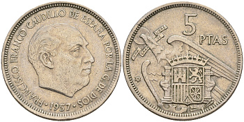 Испания 5 песет 1957 (75) Франсиско Франко (1939-1975) KM 786 медно-никель    4143-216