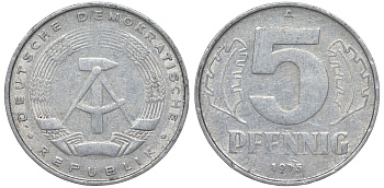 ГДР 5 пфеннигов 1975 A KM 9.1 алюминий 62-254