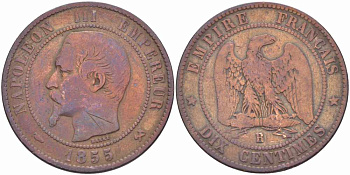 Франция 10 сантимов 1855 B, Наполеон III (1852-1870) KM 771.2, Le Franc 133.20 бронза    4680-536