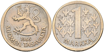Финляндия 1 марка 1966 S KM 49 серебро 4563-456