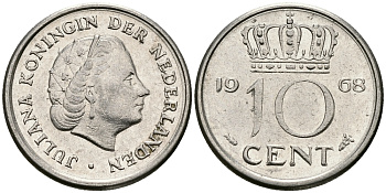 НИДЕРЛАНДЫ 10 ЦЕНТОВ 1968 ЮЛИАНА KM 182 никель 96-422