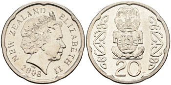 Новая Зеландия 20 центов 2008 Елизавета II (1952-2022), идол Пукаки KM 118а никелированная сталь 4579-1215