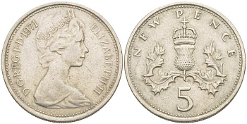 Великобритания 5 пенсов 1971 Елизавета II (1952-2022) KM 911, Spink 4233 (D1) медно-никель 217-715