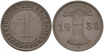 ГЕРМАНИЯ 1 РЕЙХСПФЕННИГ 1931 F KM 37, J. 313 бронза 73-1527