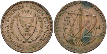 Кипр 5 милсов 1963 парусник KM 39 бронза 4566-1247