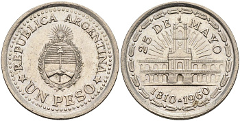 Аргентина 1 песо 1960 150 лет свержения Испанского вице-короля (1810-1960) KM 58 сталь плакированная никелем 4593-1023