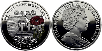 Остров Вознесения 1 крона 2014 в память героев первой мировой войны, кладбище, красный мак KM NEW серебро, эмаль PROOF 1071-2-14
