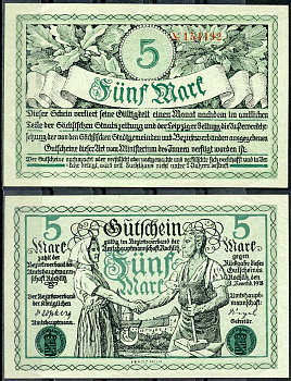 Германия, Рохлиц 5 марок 1918 нотгельд, 1.11.1918, союз крестьян и рабочих Geiger 451.03  бумага  UNC (пресс) 444-90-1-1