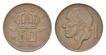 Бельгия 50 сантимов 1954 Belgie, Бодуэн I (1951-1993) KM 149 бронза 4705-253