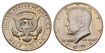США 1/2 доллара (50 центов) 1974 Джон Кеннеди KM 202b медь плакированная медно-никелем UNC 4672-534