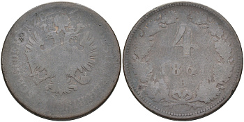 АВСТРИЯ 4 КРЕЙЦЕРА 1861 В, ФРАНЦ ИОСИФ (1848-1916) KM 2194 медь 63-1024