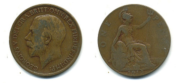 Великобритания 1 пенни 1913 Георг V (1910-1936) КМ 810, Spink 4051 бронза 4110-121