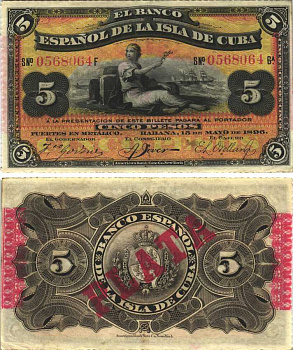 Куба 5 песо 1896 Испанская Администрация, красная надпечатка PLATA Pick 48b бумага аUNC 451-456-3