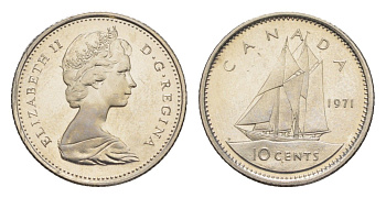 Канада 10 центов 1971 Елизавета II (1952-2022), парусник KM 77 никель PROOF-LIKE (BU) 4630-961