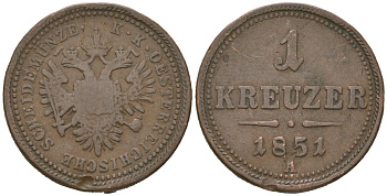 Австрия 1 крейцер 1851 A, Франц Иосиф I (1848-1916) KM 2185 медь 4615-549